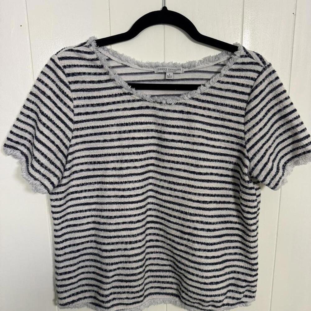 Green Envelope navy and white striped top